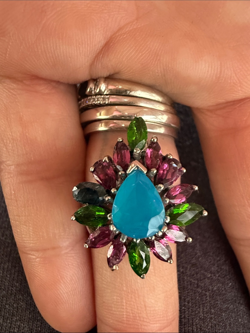 Natural/Real Gems Blue Opal & Garnet Diopside, Blue topaz  Sz7.5 925 stamped - Picture 13 of 17